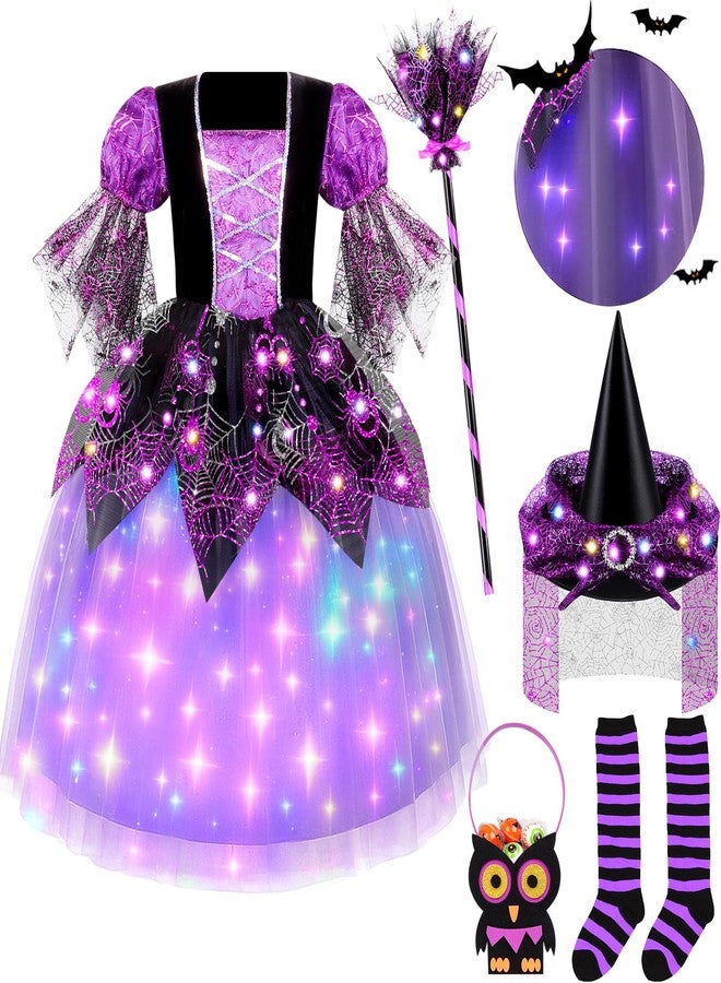 Relaehih Light Up Girls Witch Costume, Kids Witch Costume for girls, with witches Hat and Broom for Toddler, Halloween costume for Dress Party (4-11 Years Old) - Image 1
